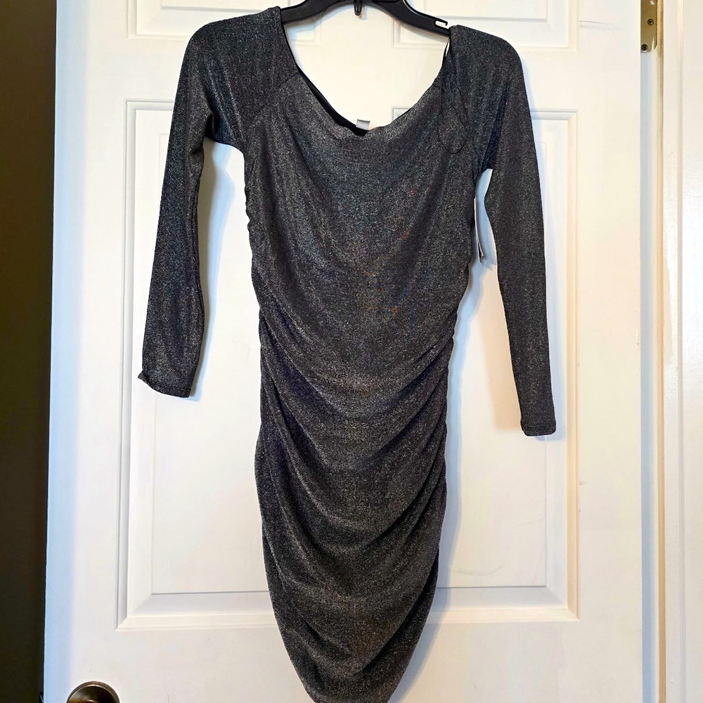 BP Silver Metallic Ruched Bodycon Minidress Off Shoulder Medium NWT shimmer NWT